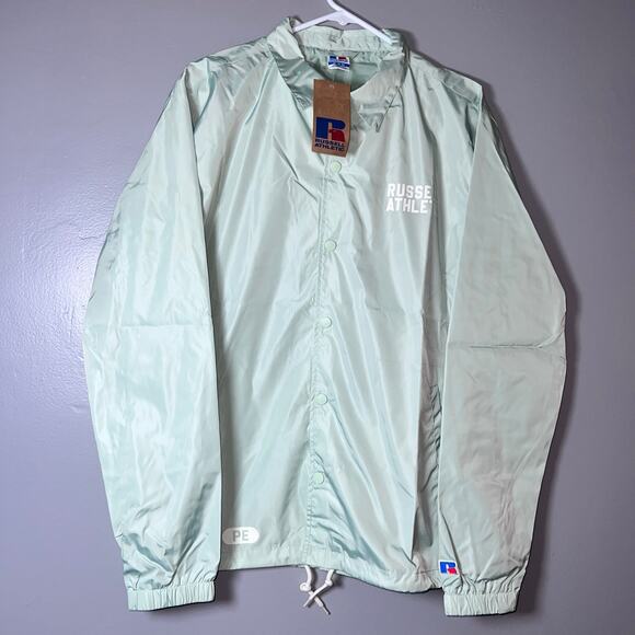 Russell Athletic M Coach Jacket Mint Green Windbreaker Snap Front Lightweight - Picture 2 of 16